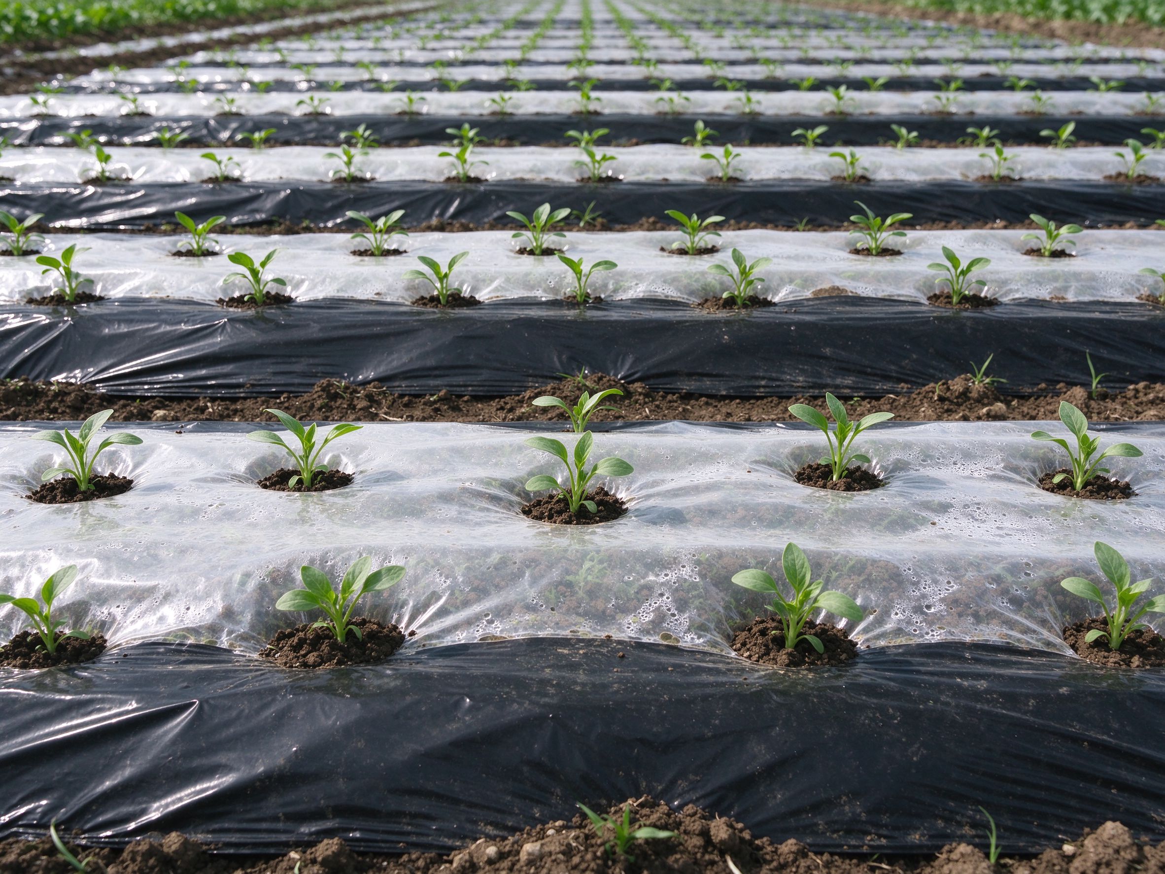 Black mulch film over planted crop rows