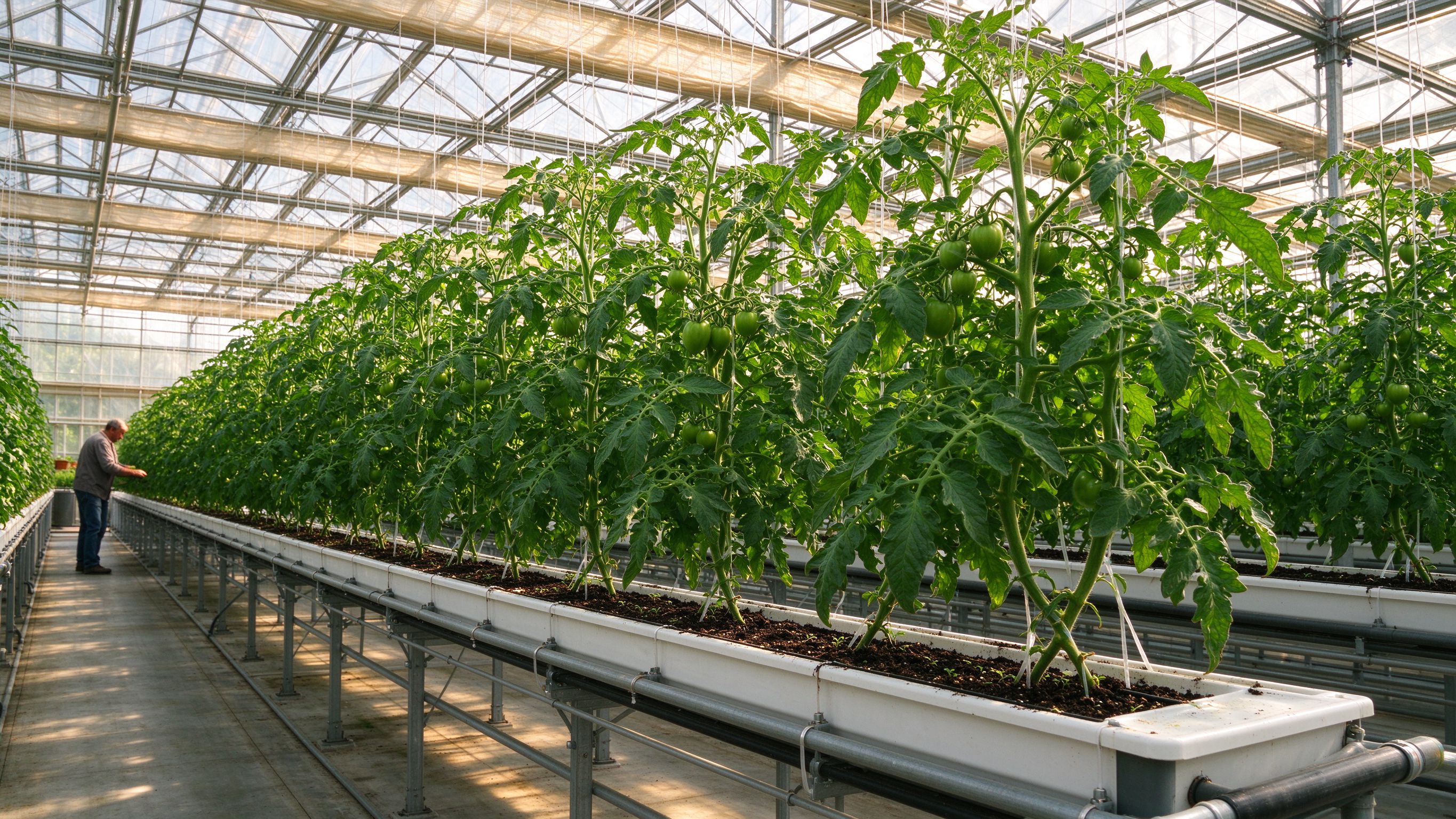 Modern greenhouse with healthy crop rows